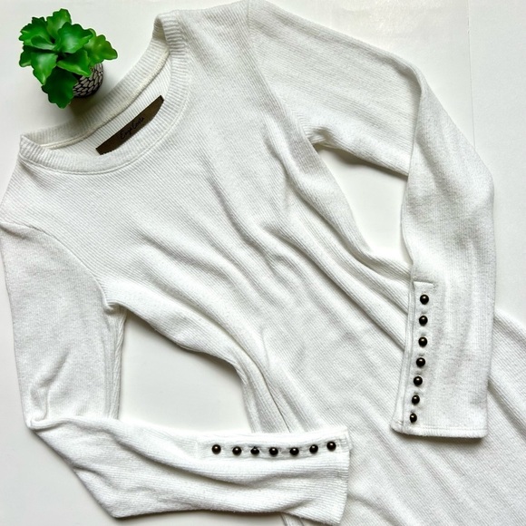 ENZA COSTA Button Cuff Mini Dress Winter White Long Sleeve Ribbed Sweater Size M - Picture 2 of 7